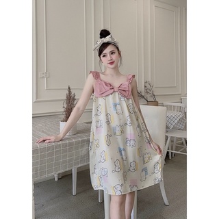 Đầm ngủ, đầm lụa satin dáng chữ a thắt nơ dễ thương
