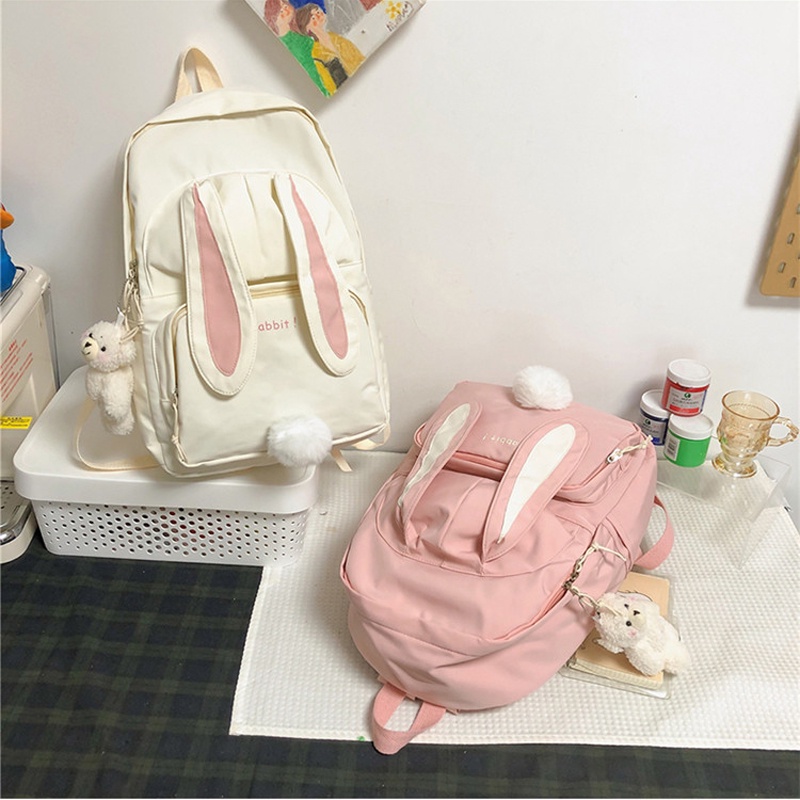 Balo Đi Học Nữ Cute Balo Du Lịch Họa Tiết Tai Thỏ Đáng Yêu Chất Liệu Không Thấm Nước (Kèm Móc Gấu)