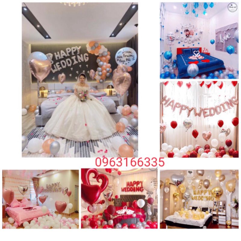 (freeship) [Tặng 100 Cánh Hoa Hồng] Sét Bóng Happy Wedding Trang Trí Phòng Cưới Tông Đỏ Trắng [ KHUYẾN + MẠI]