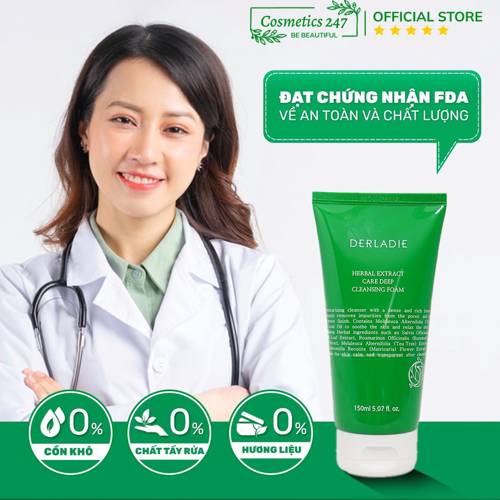 Sữa Rửa Mặt Derladie Herbal Extract Care Deep Cleansing Foam Tràm Trà Sạch Sâu, Kiềm Dầu 150ml