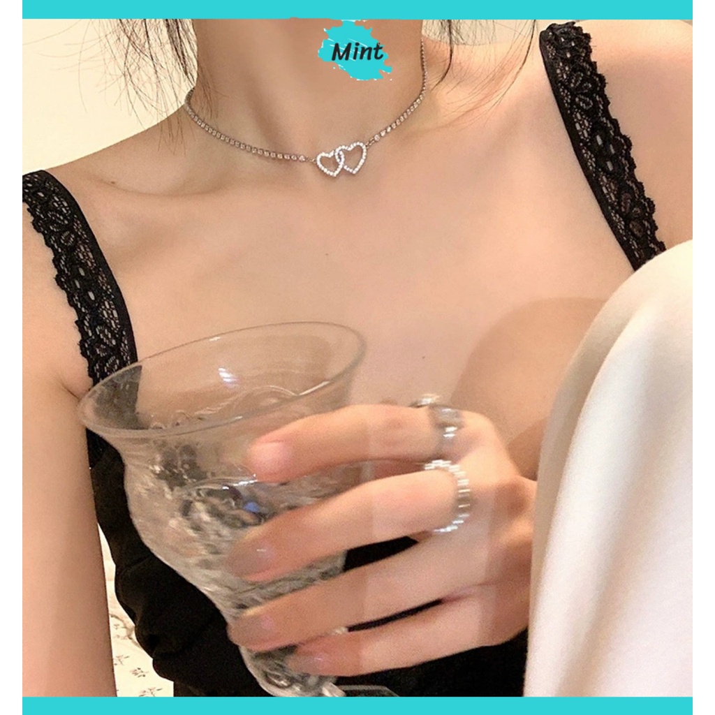 Vòng Cổ Choker ❤️FREESHIP❤️ Dây Chuyền Nữ Đính Chuỗi Đá Nhỏ Hình Trái Tim Lồng Nhau