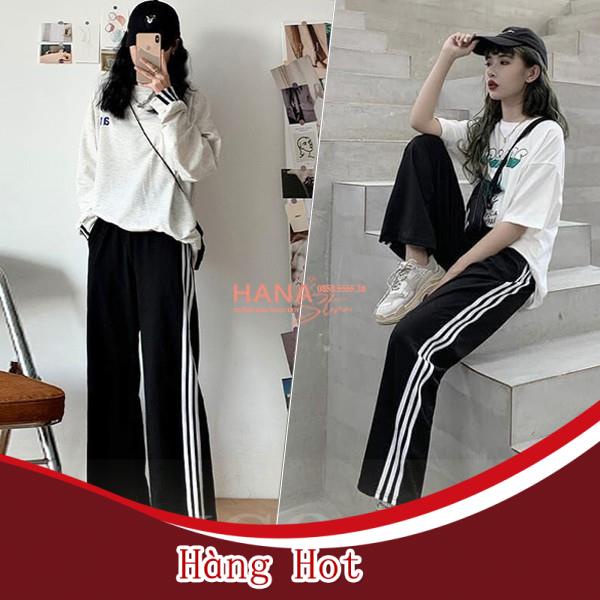 Quần thể thao 3 sọc nữ ống rộng viền kẻ sọc trắng có dây rút kéo - Quần thể thao ống rộng nữ chất vải Umi