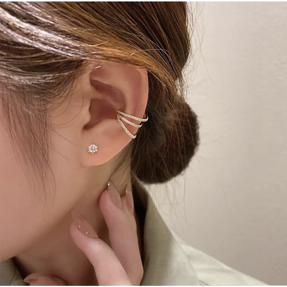 Bộ khoen tai kẹp vành earcuff một bên đính đá trắng bạc phong cách Hàn Quốc Peosan