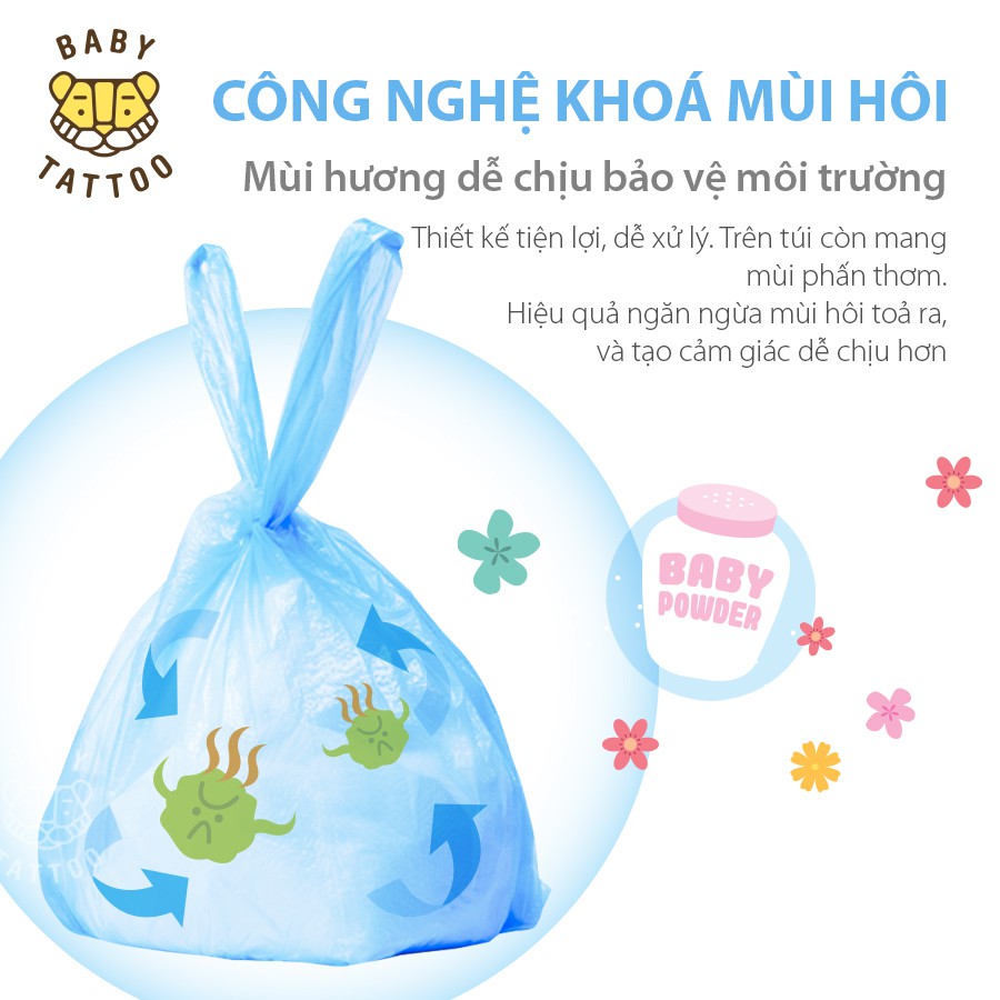 BABY TATTOO Túi Rác Đựng Tã Bỉm Chuyên Dụng Hương Phấn Thơm, Hộp 60 Túi
