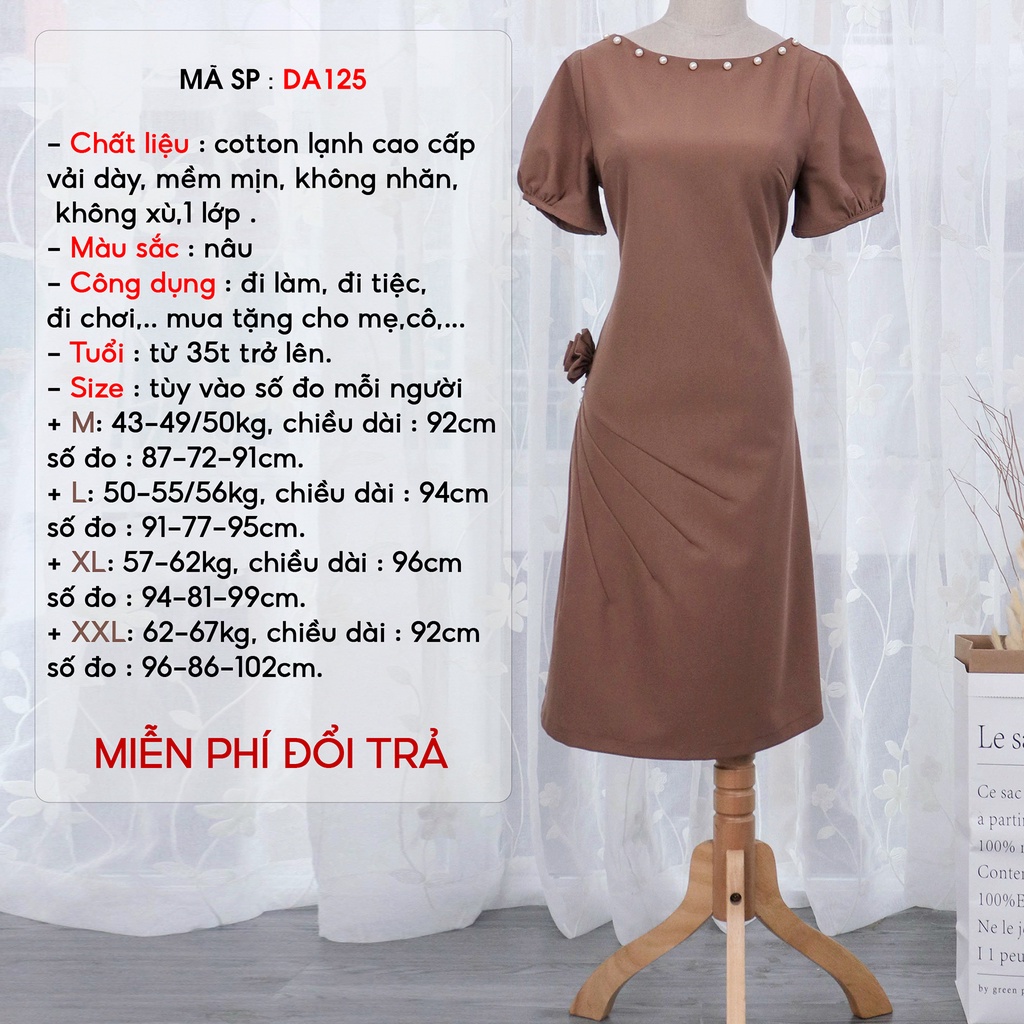 Đầm Suông Công Sở Dự Tiệc Sang Trọng Bigsize AMYRA, Thiết Kế Suông Dài Tay Phồng Phối Hoa Eo Đính Ngọc Cao Cấp DA125