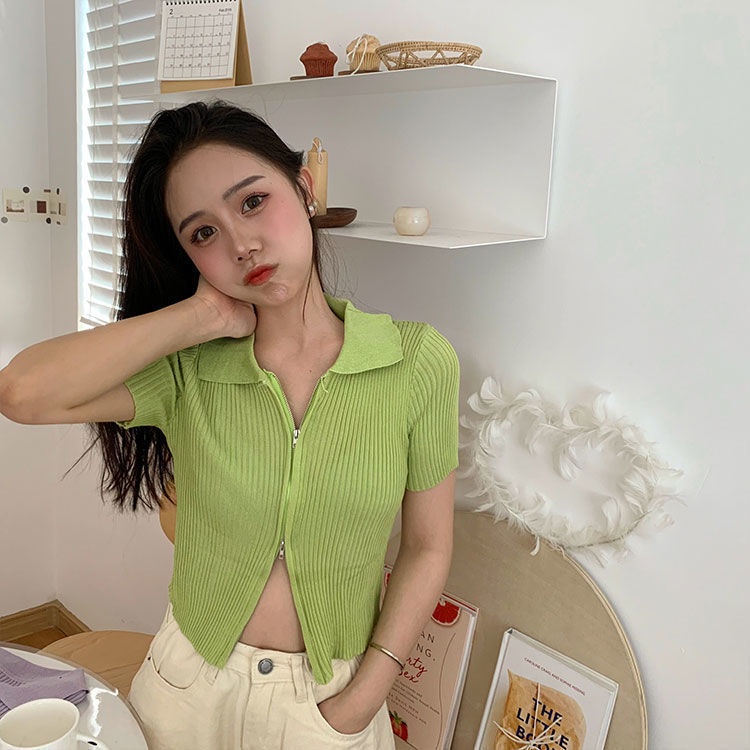 Áo croptop dệt kim IELGY tay ngắn phối khóa kéo kiểu dáng thời trang cho nữ