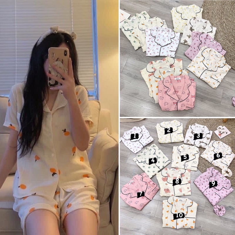[Ảnh thật] Bộ pijama kẻ kèm scrunchies - Bộ ngủ kèm chun buộc tóc