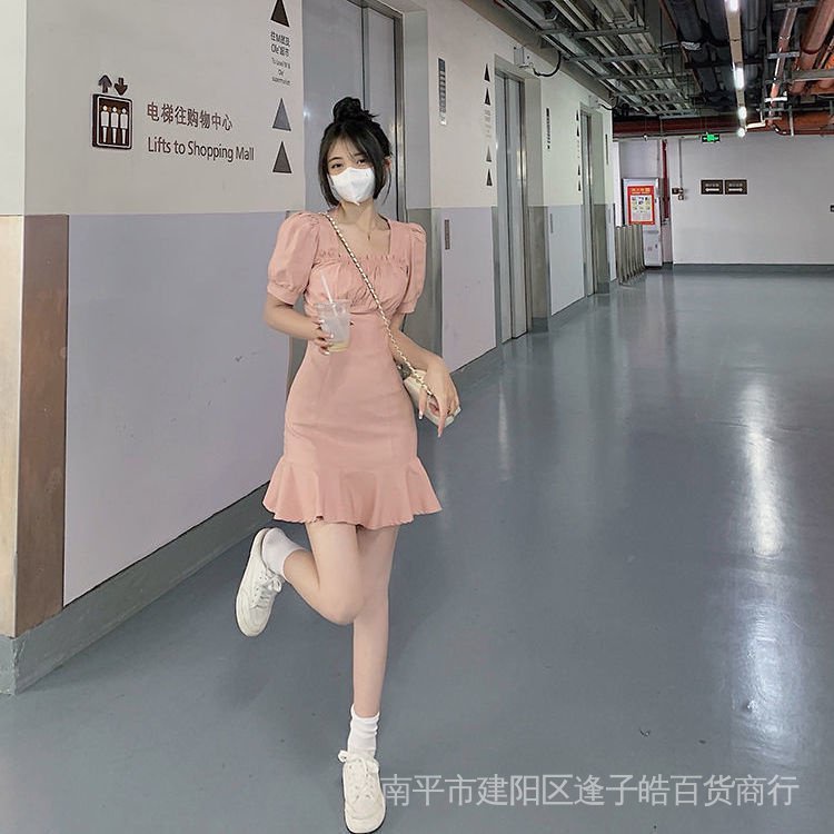 Váy chữ A tay phồng cổ vuông ôm dáng thiết kế ngọt ngào tươi tắn nhẹ nhàng cho nữ