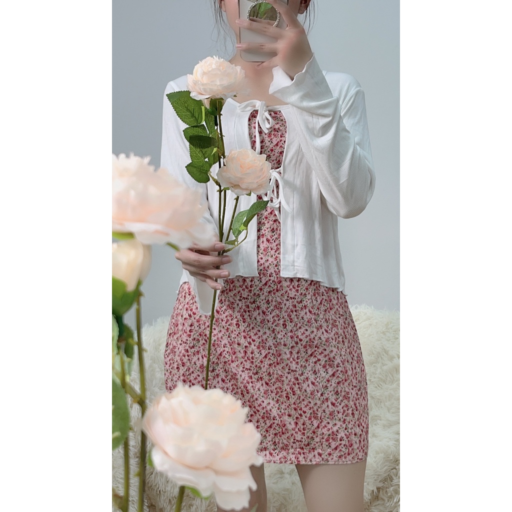 Váy Hai Dây Hoa Nhí Hồng Kèm Áo Cardigan Len Tăm Mỏng HT29 HaLuu Store Phù Hợp Cho Nữ