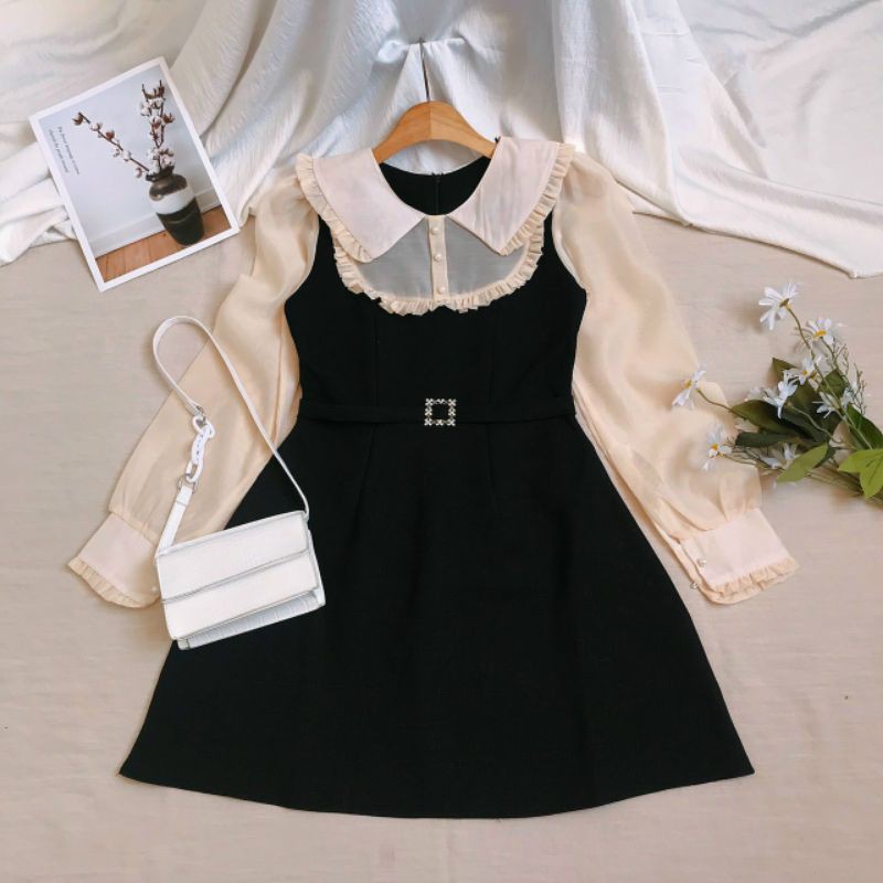 Đầm bố đen tay phối oganza