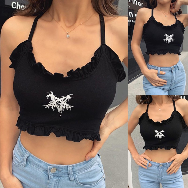 Xixi Áo Croptop Hai Dây Phối Bèo Họa Tiết Ngôi Sao Phong Cách Gothic Quyến Rũ