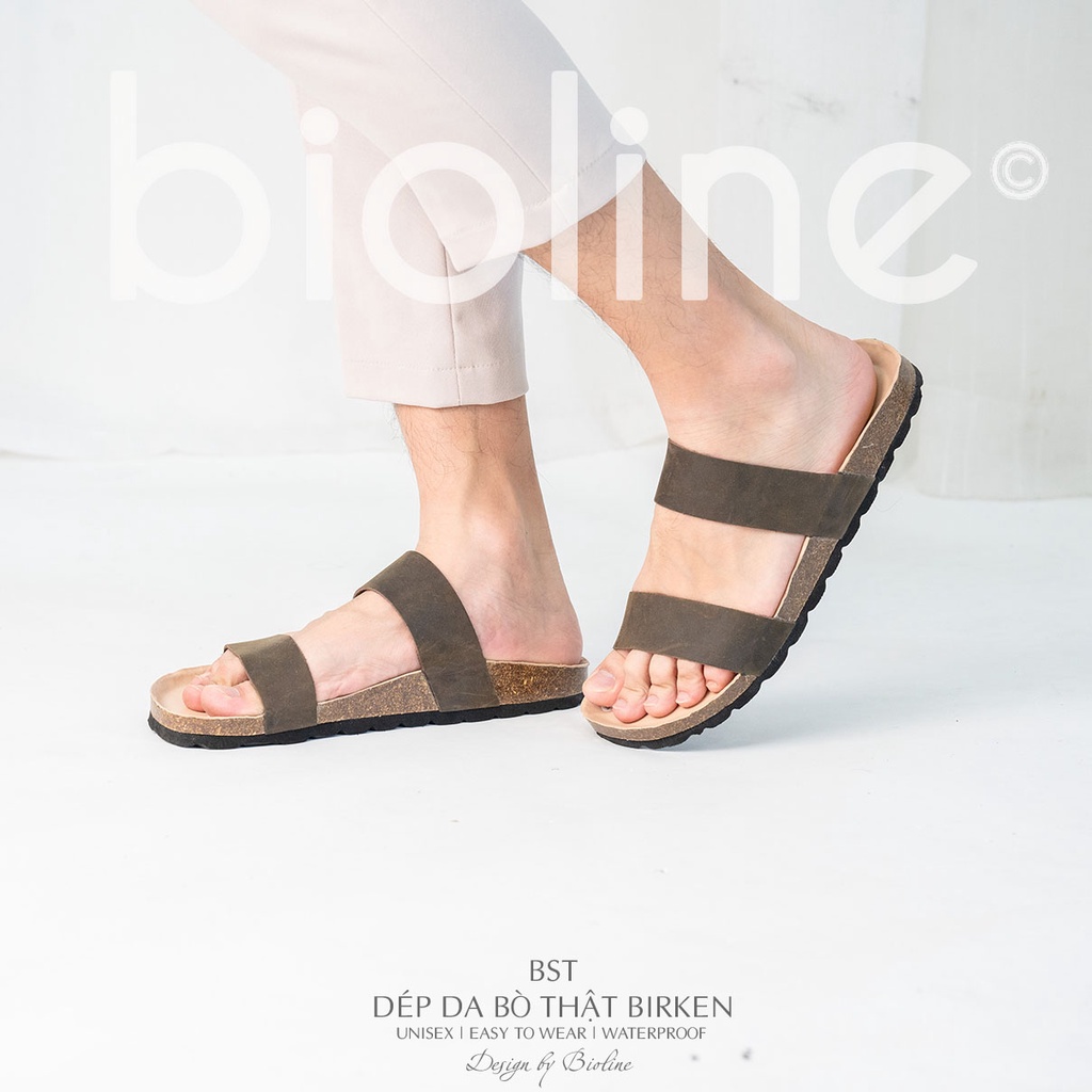 DK18-LÓT CHỐNG NƯỚC- Dép đế trấu Birken da bò thật nam nữ unisex quai ngang, dép công sở, dép da bò Bioline D18
