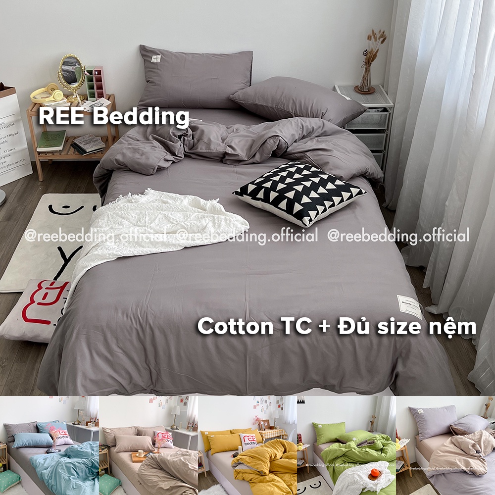 Bộ chăn ga gối 4 món trơn REE Bedding chất Cotton TC đủ size giường nệm HÀNG LOẠI 1