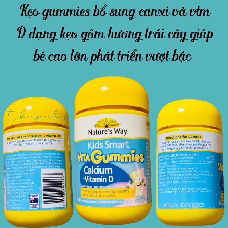 Kẹo gôm Kids smart vita gummies bổ sung multivitamin/canxi và vtm D/vtm C và zinC 60 viên Nature's way Úc