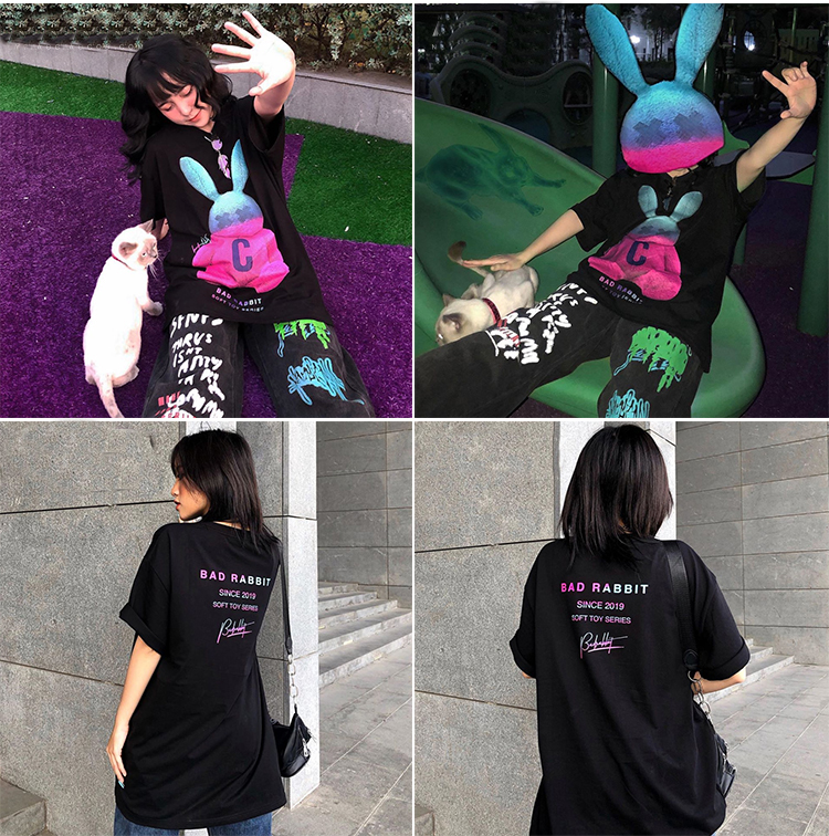 [7 Ngày đổi trả nếu không hài lòng] Áo phông form rộng, áo thun tay lỡ Ulzzang hình thỏ Nelly Leevin Store TL851 | BigBuy360 - bigbuy360.vn