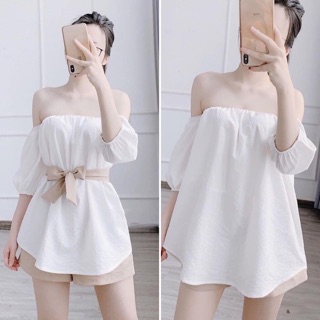 S313 Set Áo Trễ Vai Tay Bay Phối Quần Sooc Nữ Kèm Đai Rời Siêu Xinh