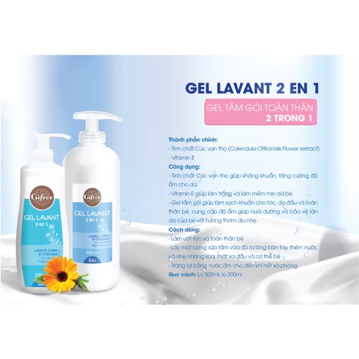 Combo 2 Sữa tắm gội cho bé Gel LavanI GIFRER 2 trong 1 tinh chất Cúc Vạn Thọ Vitamin E Kháng khuẩn - Chai 500ml