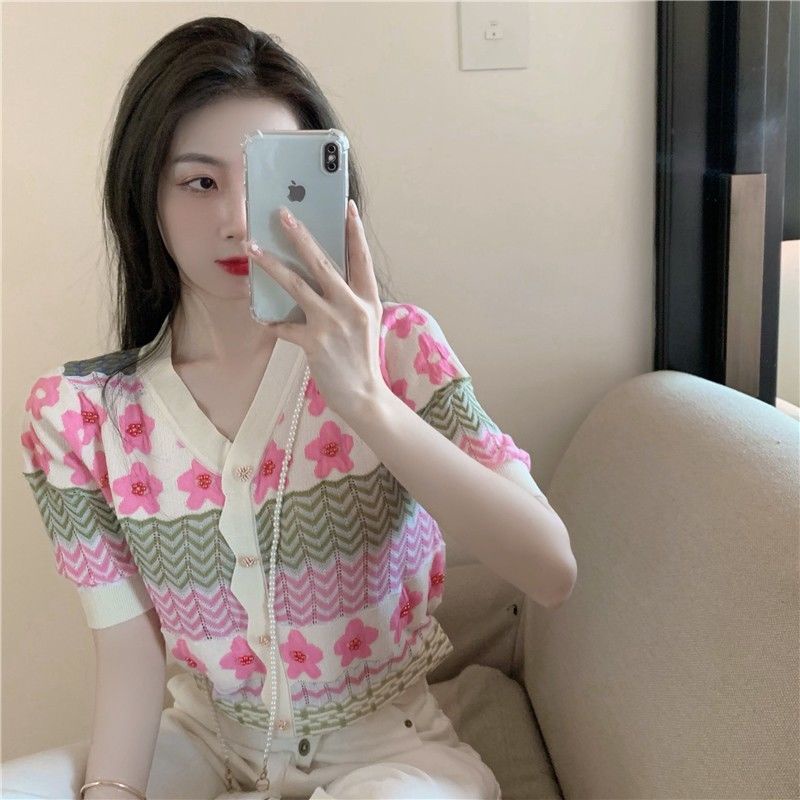 Áo Dệt Kim Tay Ngắn Cổ Chữ v Thiết Kế Đục Lỗ Thời Trang Cho Nữ  tao bao