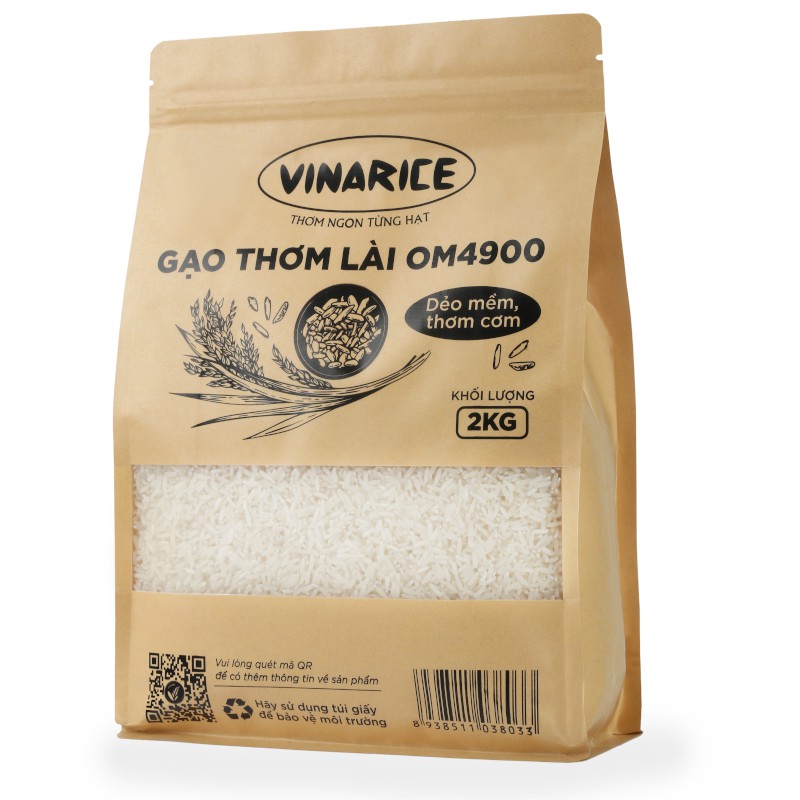 Gạo Thơm Lài OM4900 - Túi giấy 2kg bảo vệ môi trường