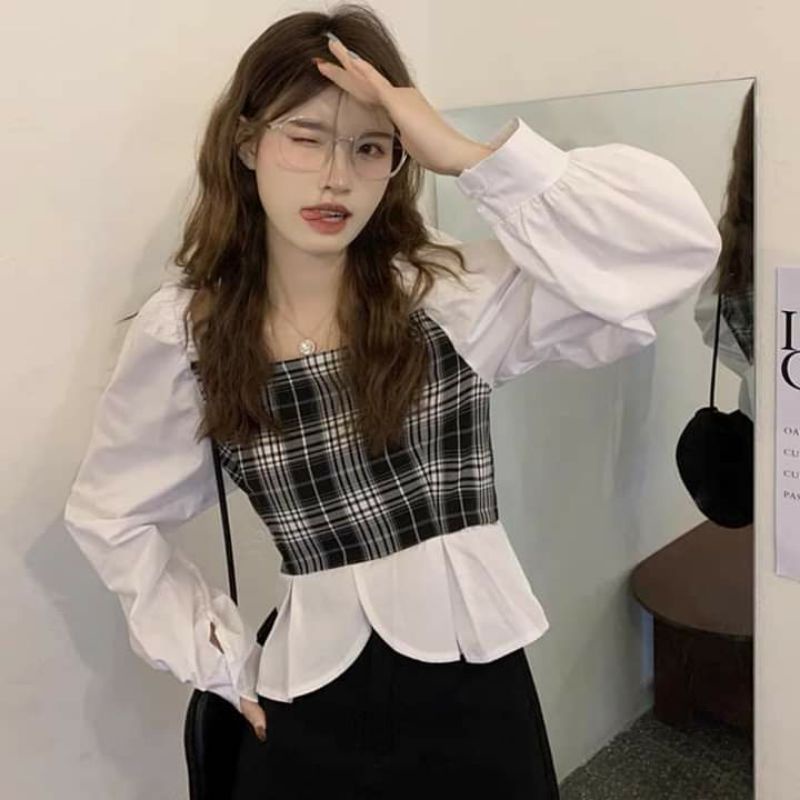 Áo kiểu cổ vuông tay bồng phong cách Ullzang 🍥