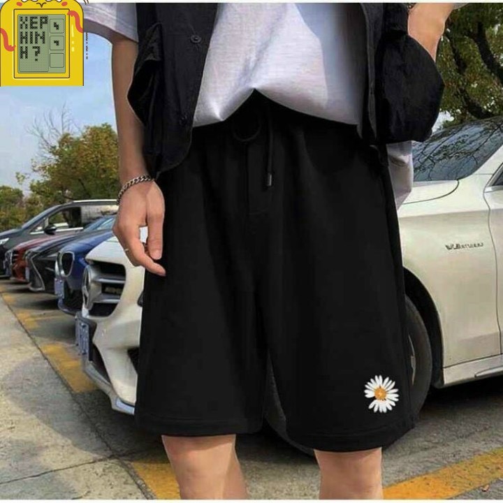 Quần short nam nữ unisex in hoa cúc vải thun nỉ dày dặn, co giãn thoải mái