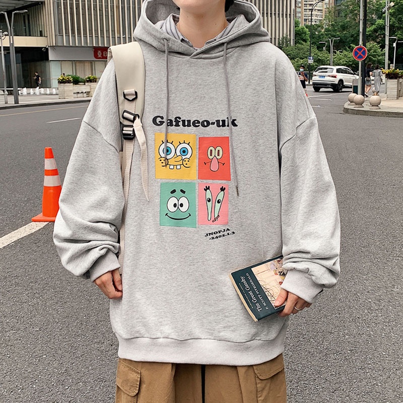 Áo hoodie tay dài dáng rộng size lớn in hình vẽ hoạt họa dễ phối đồ thời trang xuân thu phong cách Hồng Kông cho nam