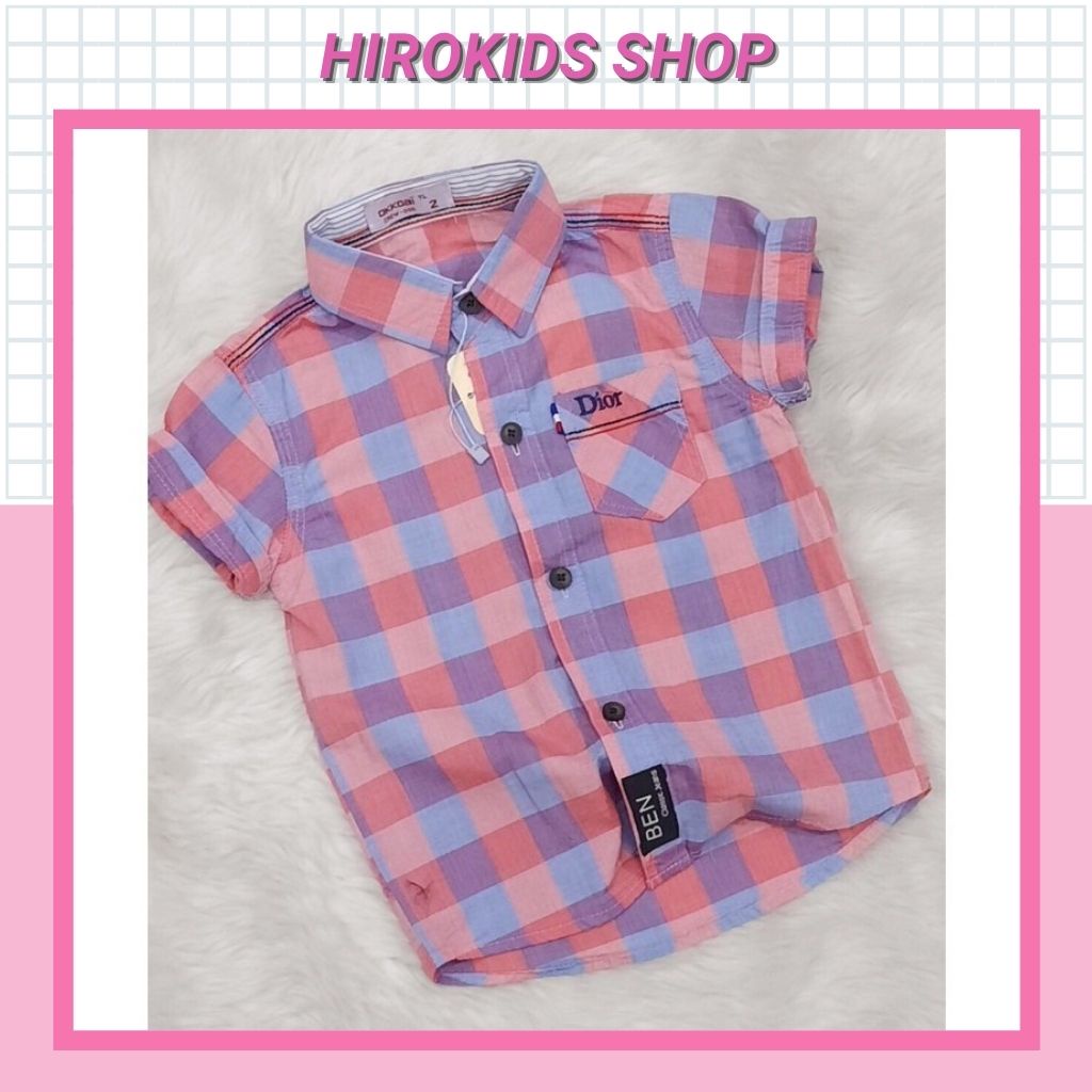 Áo sơ mi tay ngắn họa tiết sọc caro cho bé trai (8-24kg) - Hirokids