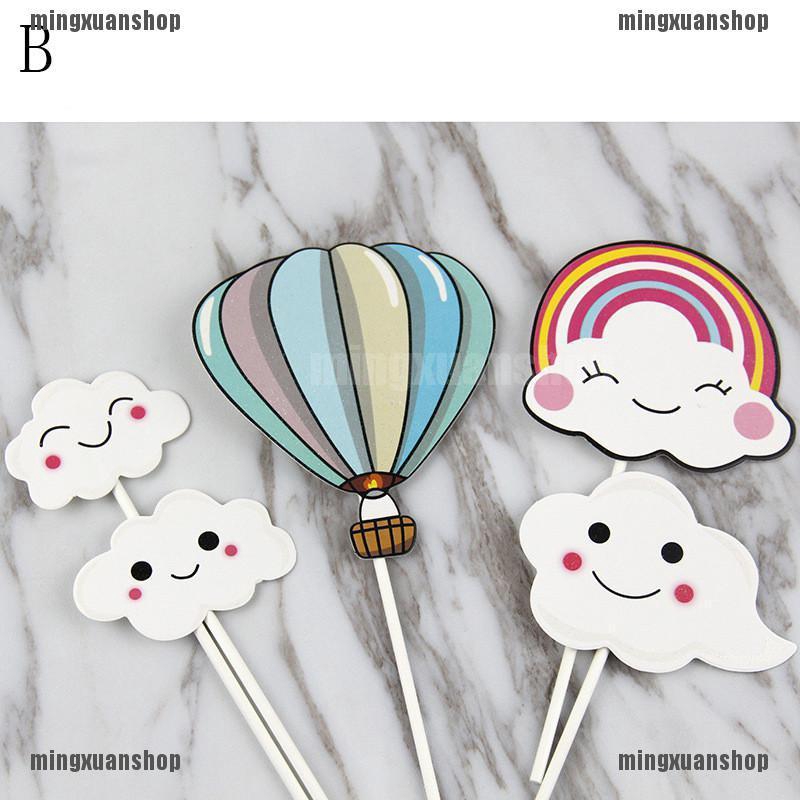Bộ 5 phụ kiện trang trí bánh cupcake hình đám mây và khinh khí cầu bằng giấy đáng yêu