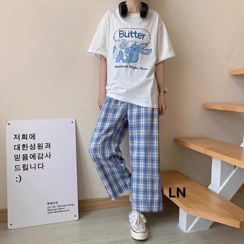 [ SẴN HÀNG ] Sét áo thỏ + quần kẻ xanh  Áo Chất cotton su + quần thô siêu  hót