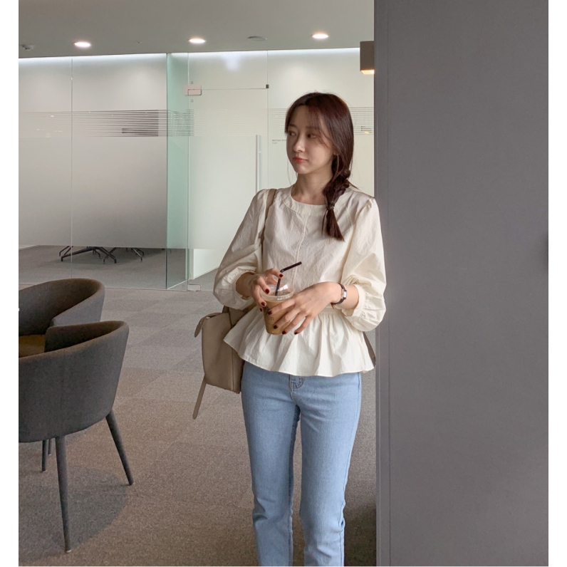 Áo thun nữ tay dài cổ tròn màu trơn phong cách Hàn Quốc