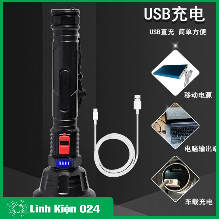 Đèn Pin LED Siêu Sáng P700 Công Suất 10W Đèn Pin Gắn Trong 18650 USB Chống Nước Đèn Cắm Trại