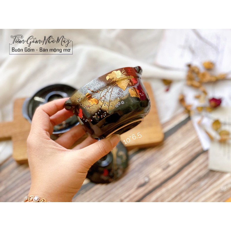 1 nồi mini ngũ sắc đen vẽ vàng gốm sứ Nhật