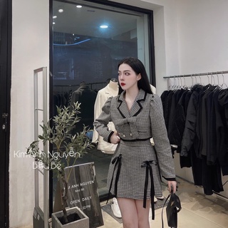 Set áo dạ cổ nơ tiểu thư mix chân váy