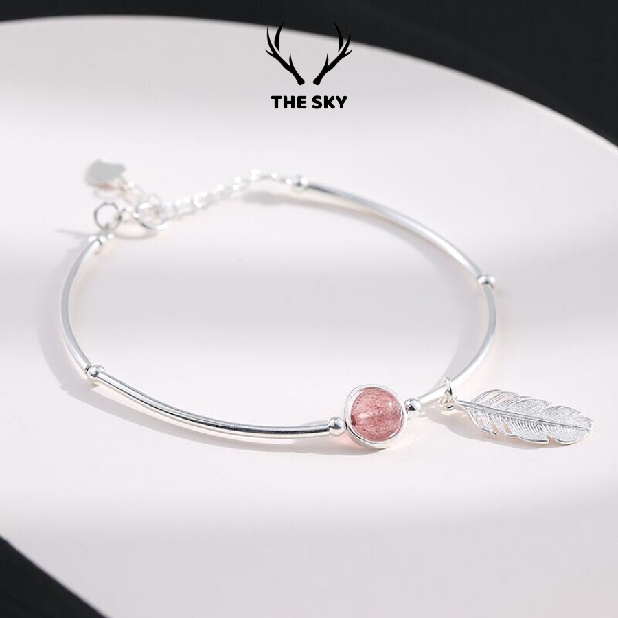 Vòng tay nữ VT1006 đá hồng lông vũ xinh xắn, vòng tay bạc phụ kiện trang sức đẹp hàng thiết kế THE SKY