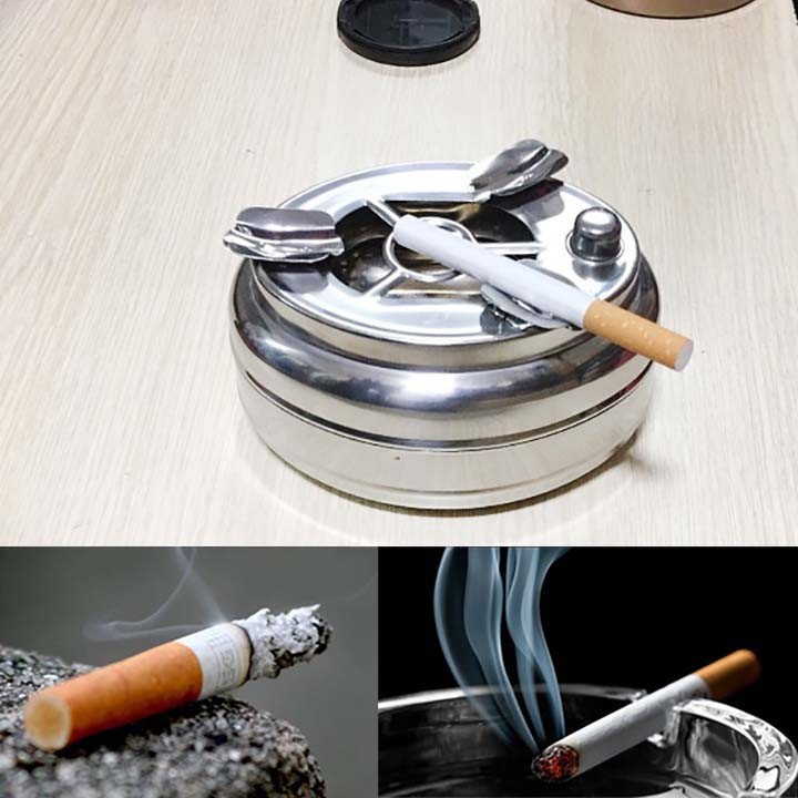 Hộp gạt tàn thuốc lá bằng inox 2 ngăn bấm nút