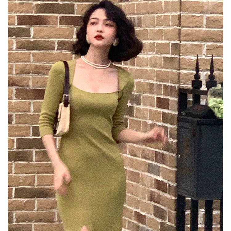 Hong Kong style square neck knit dress