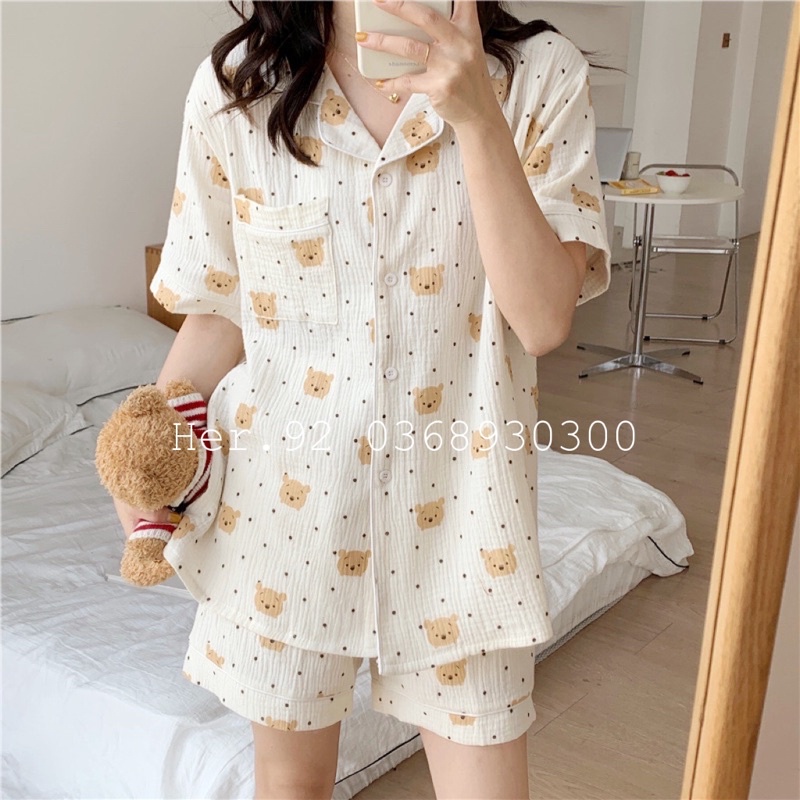 PIJAMA ĐŨI NỮ  - Bộ Cộc Quần Đùi Chất Đũi Thoáng Mát Màu Họa Tiết Gấu Pu, Đồ Mặc Nhà