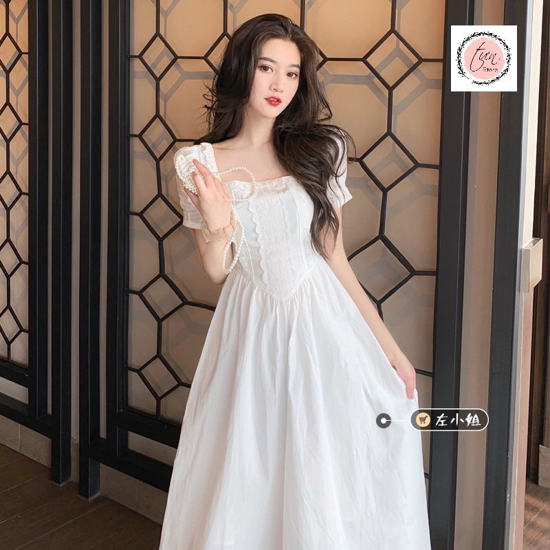 Đầm midi màu trắng ❤️FREESHIP❤️đầm midi cổ vuông ,tay bồng ,dáng xòe thích hợp đi du lịch đà lạt (order)