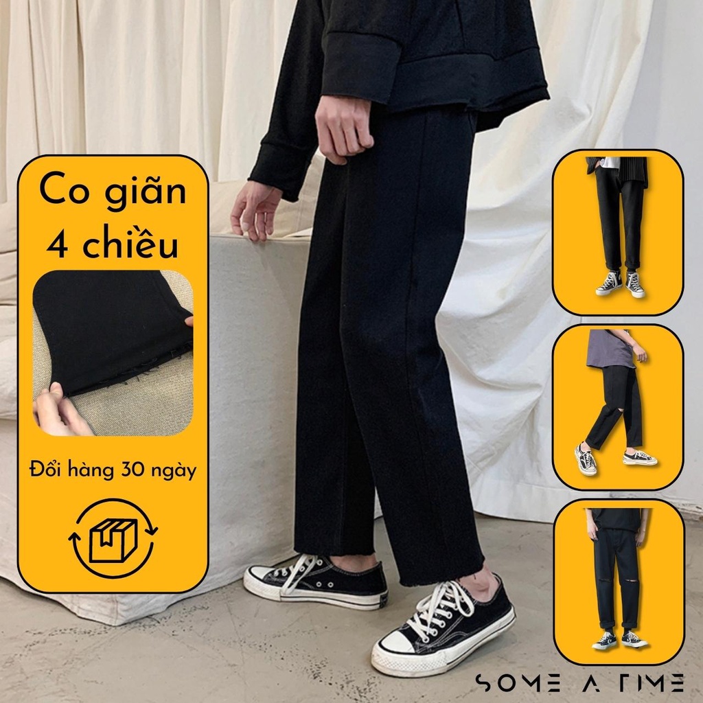 [Tiền Nào Của Đấy]Quần Jean Baggy Nam Ống Rộng Cắt Gấu Đen Trơn Không Phai Màu Vải Co Giãn