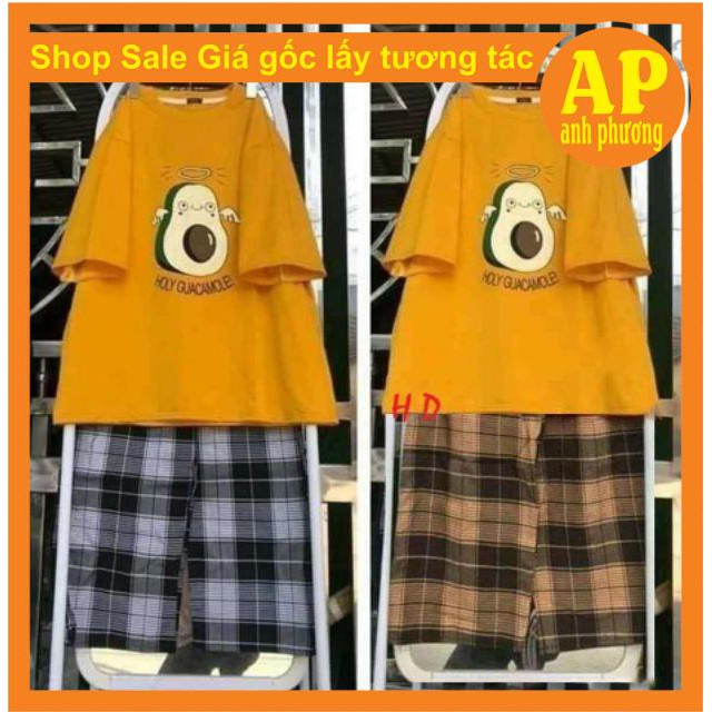 Sét áo QUẢ BƠ mix QUẦN KẺÁo chất cotton mềm mịn in hình quả bơ siêu netquần kẻ ống rộng chất thô mềmfreesize unisex