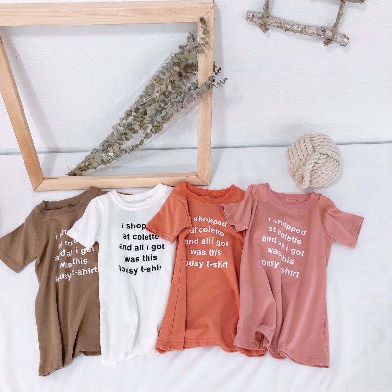 Đầm cotton ngắn tay in chữ dễ thương cho bé gái