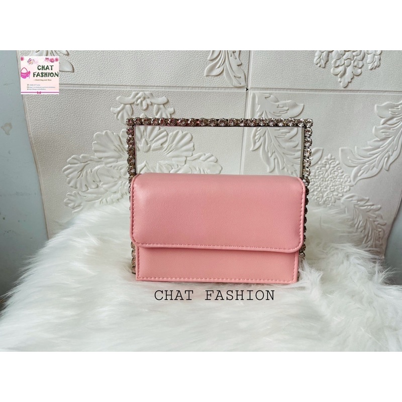 Túi clutch dự tiệc vuông nắp gập cá tính viền đá (Sale xả kho)