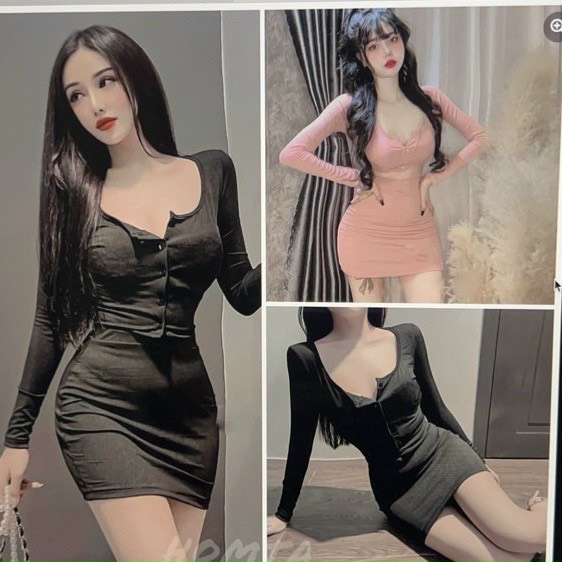 Set áo tay dài hàng nút mix chân váy xinh body chất thun gân ng
