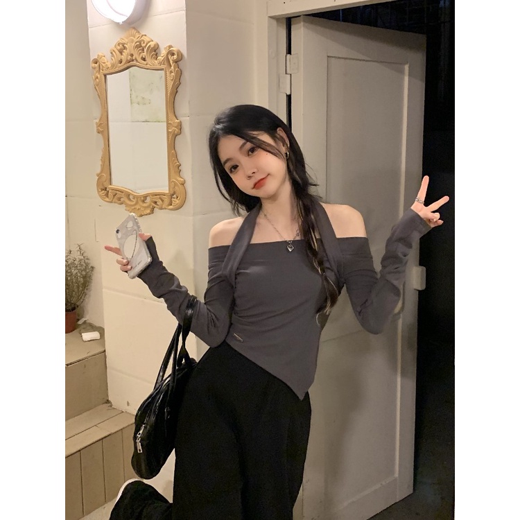 Áo trễ vai. Áo kiểu nữ len mỏng dài tay kèm dây yếm dáng ôm sexy co giãn phong cách Ulzzang.