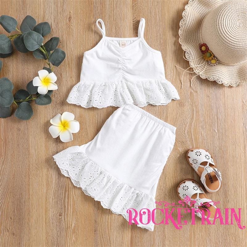 ◑Zc☆Set Đồ Mùa Hè 2 Món Gồm Áo Hai Dây Viền Ren Có Diềm Xếp Nếp + Chân Váy Cho Bé Gái