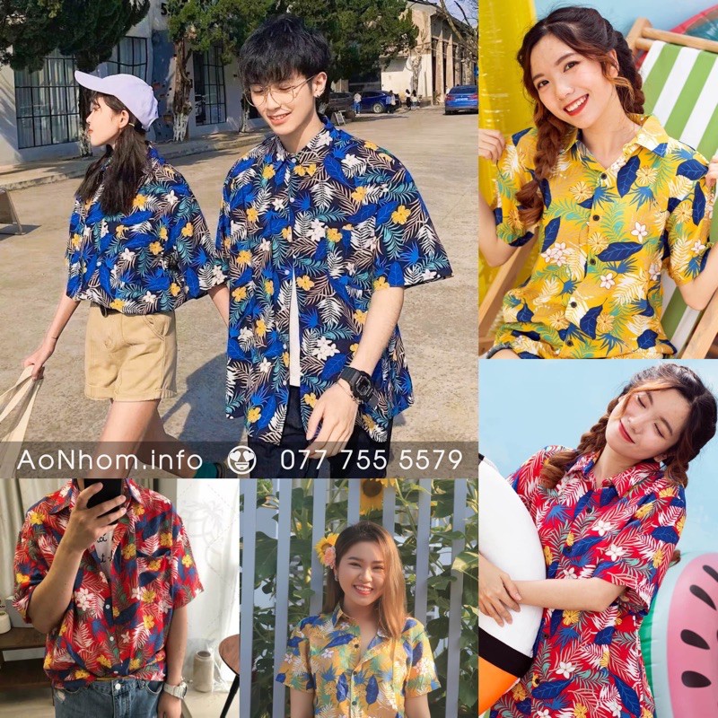 Áo Sơ Mi Hawaii Đi Biển Mềm Mát - Hoa Xanh Vàng Đỏ - Áo Đôi Đồng Phục Nhóm Lớp Team Building Hoạ Tiết Hoa Lá Trái Cây