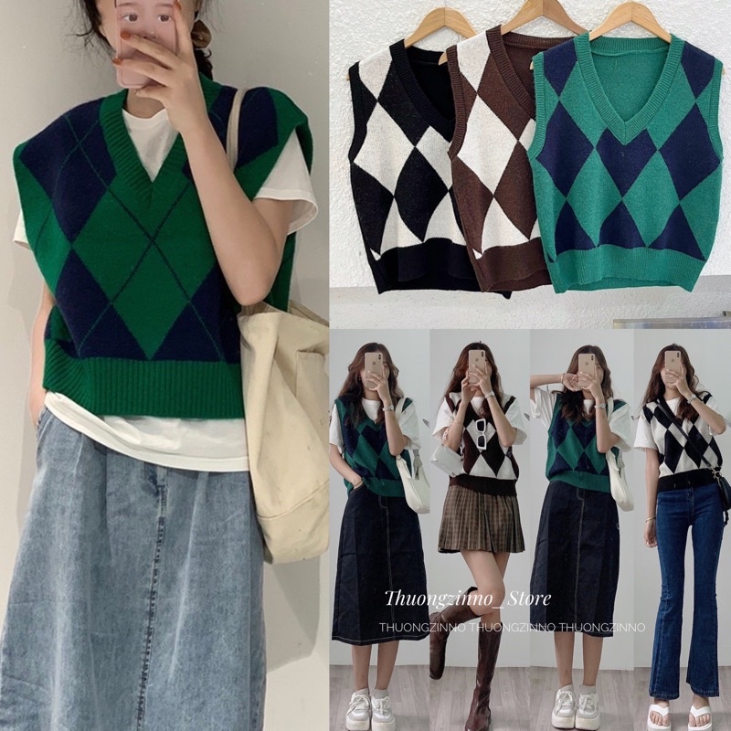 Áo GILE Quả trám to ulzzang Áo gile len thổ cẩm form basic cổ tròn phong cách Hàn Quốc