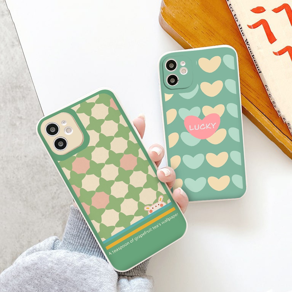 Ốp iphone caro green heart cạnh vuông ốp iphone 7plus Se 6S 6S 6 6 S 7 8 Plus Xs Max Xr X 11 Pro Max 12 13 Pro Max