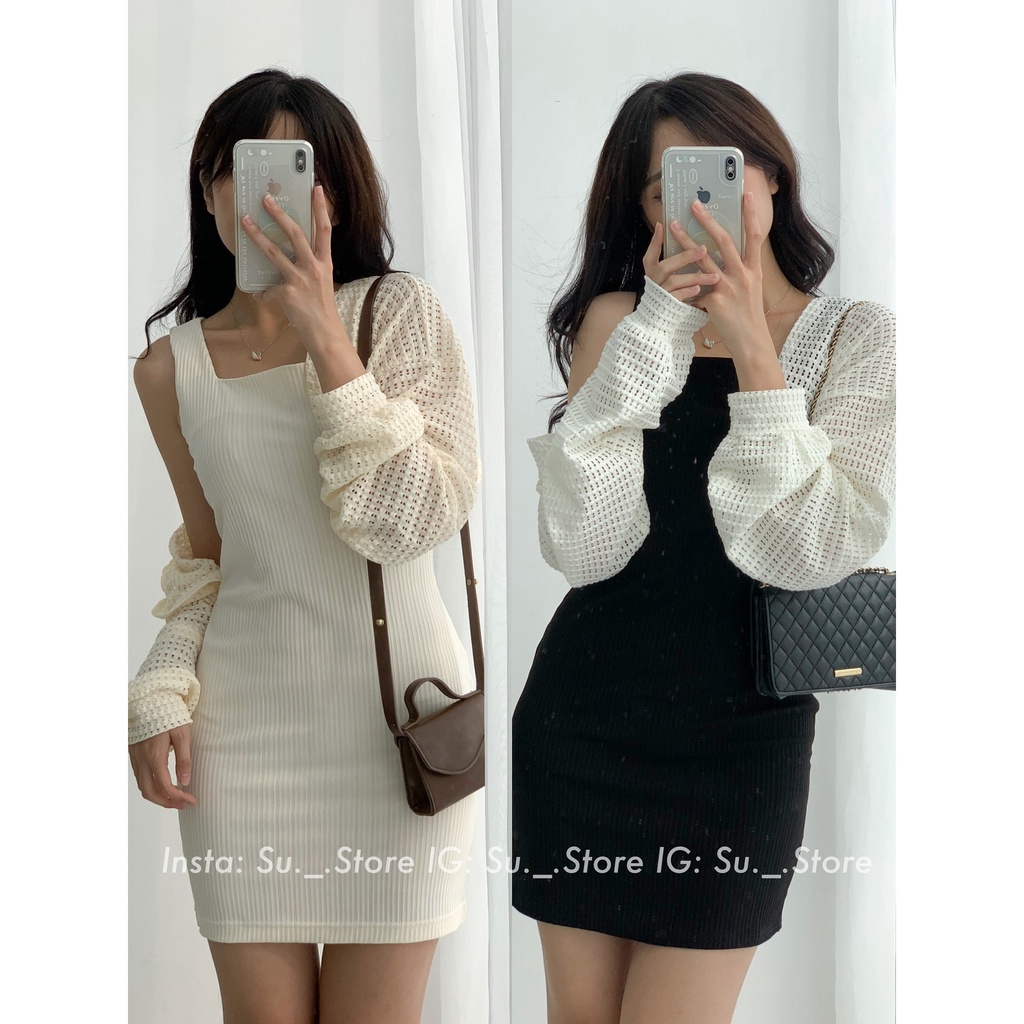 Set váy sát vai thun tăm kèm áo cardigan S398 SUSTORE