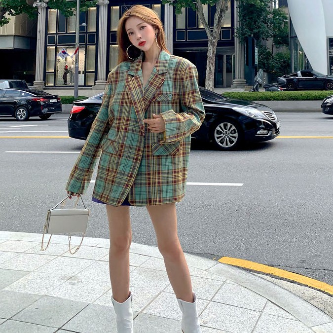 Sẵn Xanh 3(Hàng Đẹp)Ảnh thật 5 hình cuối-HC342.Áo blazer kẻ caro Hàn Quốc chanh xả | BigBuy360 - bigbuy360.vn